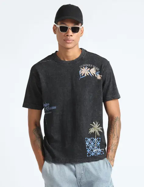 FLYING MACHINE Men Printed Crew Neck Cotton Blend Black T-Shirt FMTSH5784