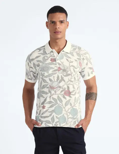 FLYING MACHINE Men Printed Polo Neck Cotton Blend White T-Shirt FMTSH6332