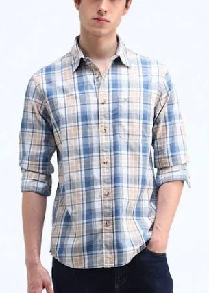 FLYING MACHINE Men Slim Fit Checkered Spread Collar Casual Shirt FMSHT3802