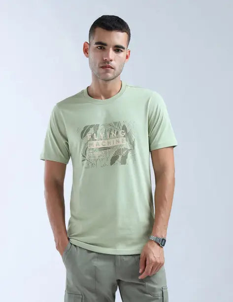FLYING MACHINE Men Graphic Print Round Neck Pure Cotton Green T-Shirt FMTSH9349