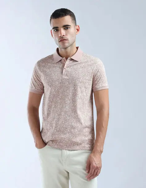 FLYING MACHINE Men Floral Print Polo Neck Pure Cotton Pink T-Shirt FMTSH9501