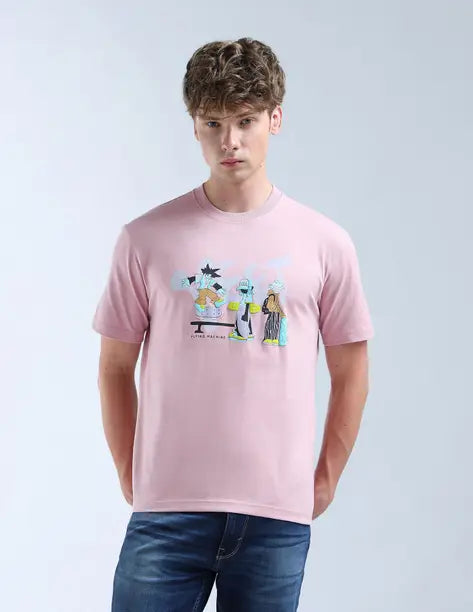 FLYING MACHINE Men Graphic Print Round Neck Pure Cotton Pink T-Shirt FMTSH9461