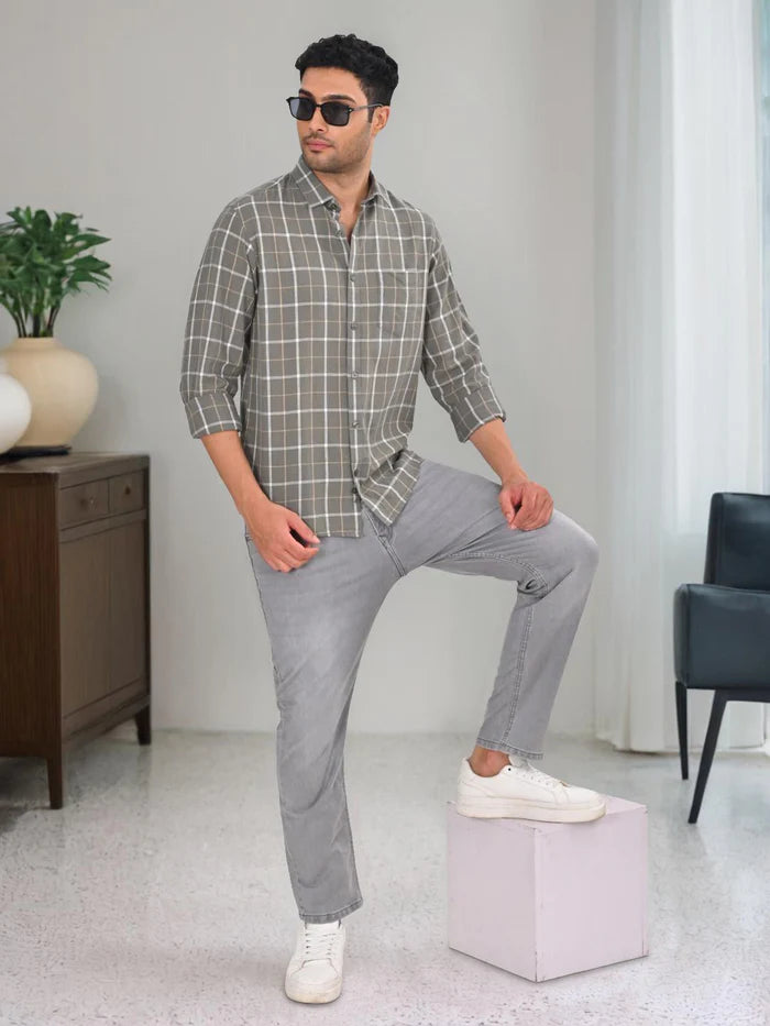 Indian Terrain Men Checked Half Sleeve Linen Blend Shirt ITMSH06892 Sap Shade