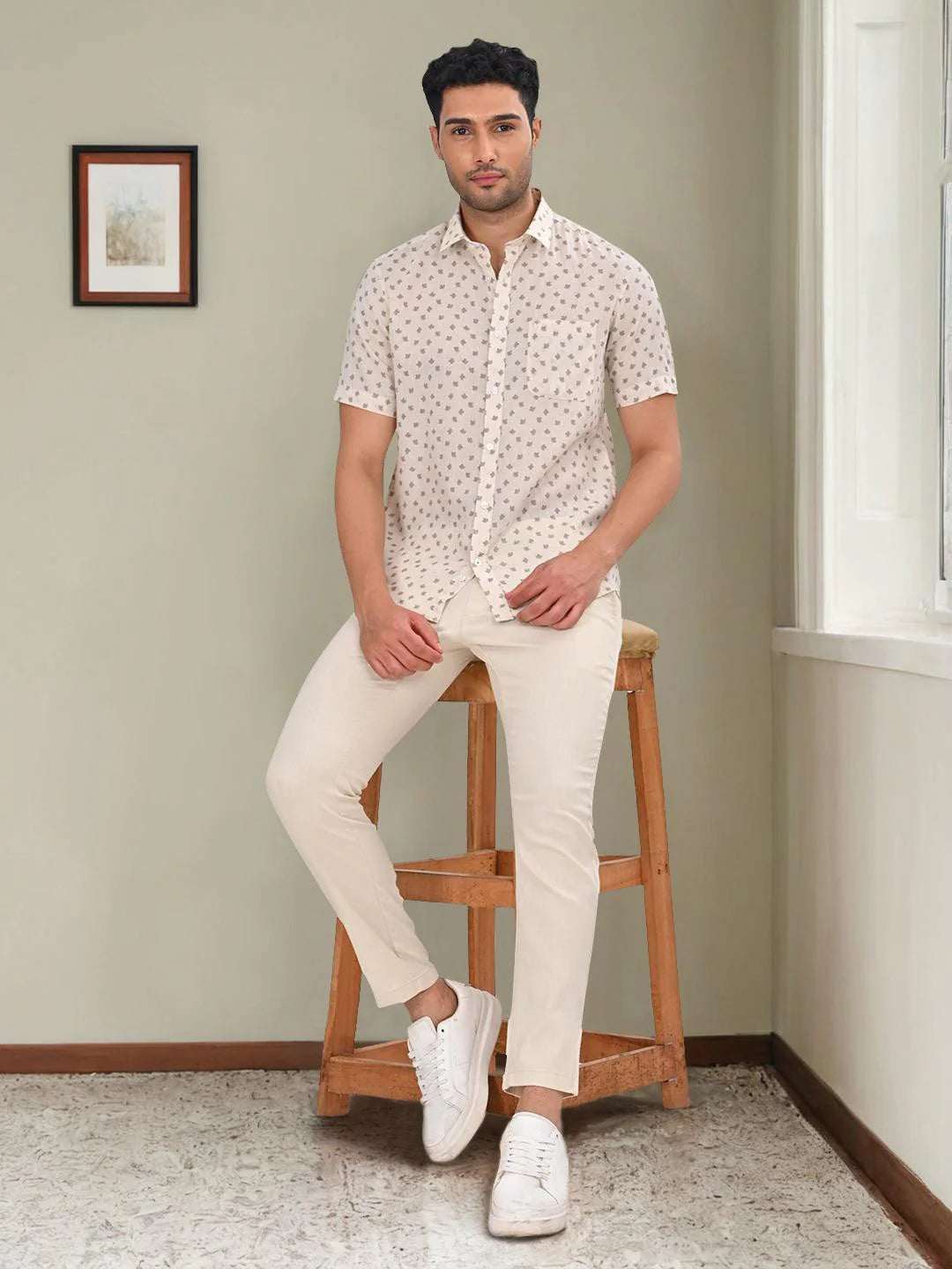 Indian Terrain Men Printed Half Sleeve Linen Blend Shirt ITMSH06894 Ecru Shade