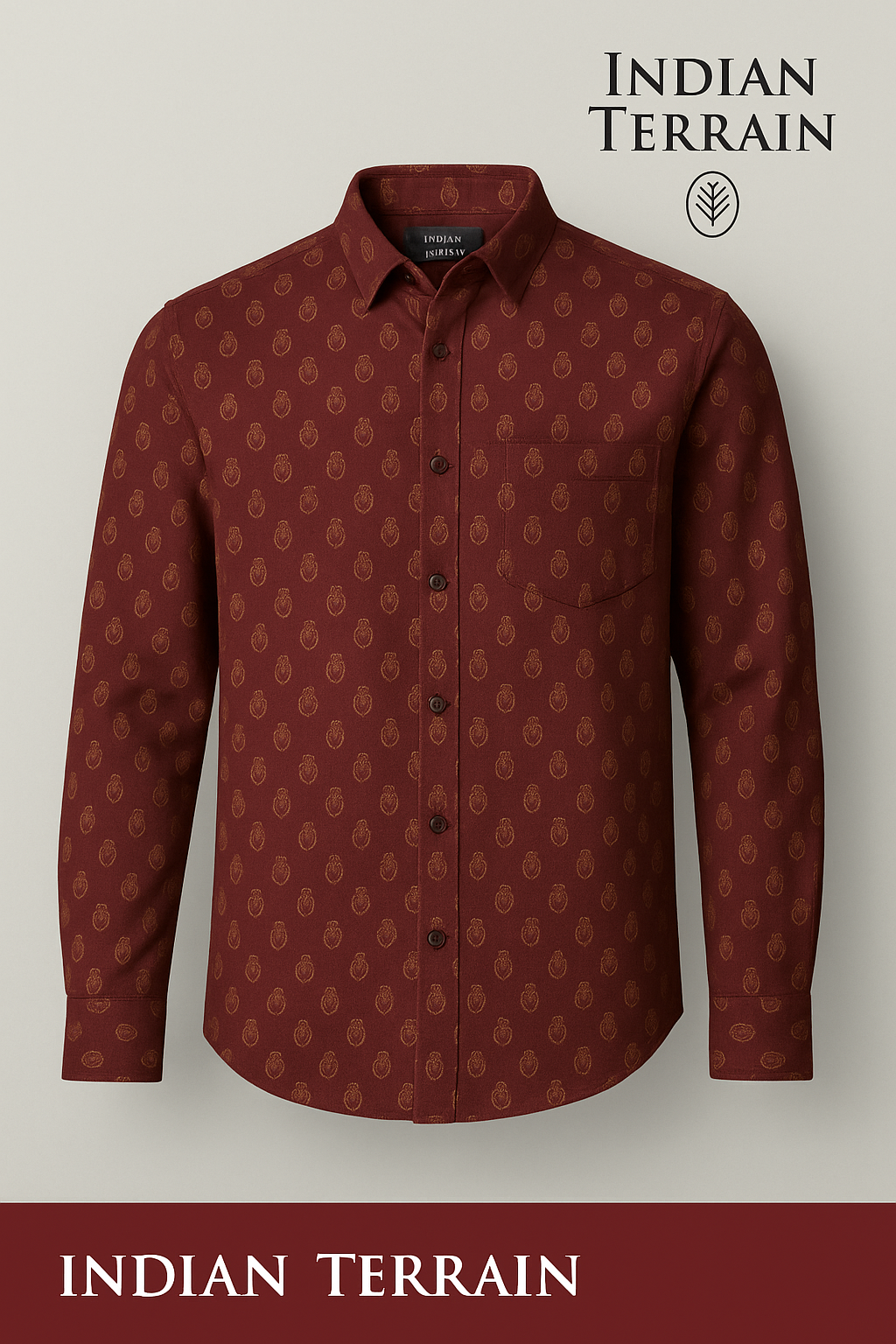 Indian Terrain Men Printed Full Sleeve Cotton Shirt ITMSH07877LS Marron Ind Shade