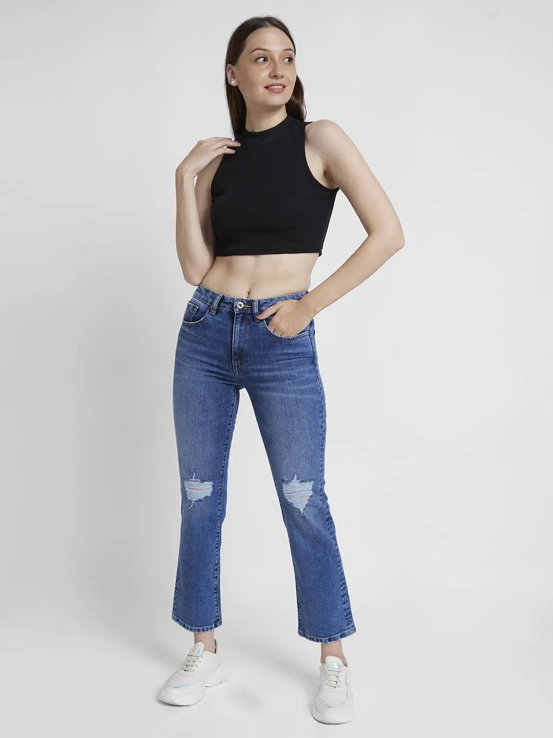 Spykar Women Mid Blue Lycra Slim Straigth Fit Ankle Length Slash Knee Jeans #WDNEMM2BC119