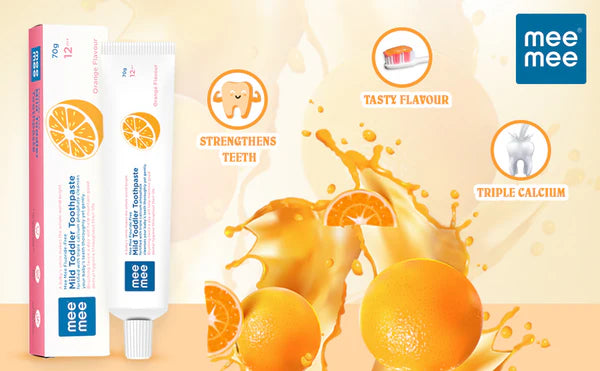 Mee Mee Fluoride-Free Baby Tooth paste for Kids & toddlers Fortified with Triple Calcium Phosphate, Cavity Protection, Oral Care, Best for Baby 1 year +, 70 gram (Orange, Pack of 2)