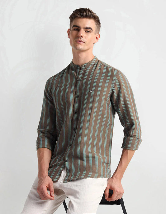 Arrow Sports Mandarin Collar Vertical Stripe Shirt
