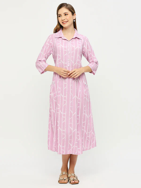 Mee Mee Women's Lilac Maternity Dress | Soft Rayon | Collared Neck & 3/4th Sleeves
