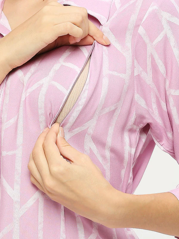 Mee Mee Women's Lilac Maternity Dress | Soft Rayon | Collared Neck & 3/4th Sleeves