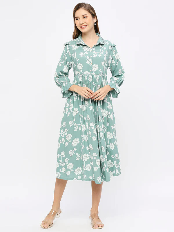 Mee Mee Rayon Maternity Dress – Floral Print, Button-Down, Collared Neck, Comfortable Fit