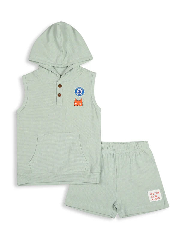 Mee Mee Teal Waffle Fabric Short Set – Sleeveless Hooded Top & Shorts for Kids