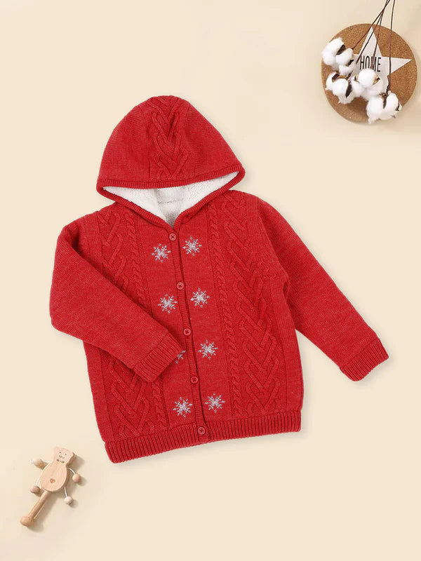 MEEMEE Red Acrylic Hooded Sweater with Charming Snowflakes Design