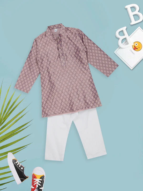 Mee Mee Printed Artisanal Silk Kurta and White Pant Set in Onion Shade for Boys
