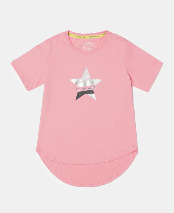 #AG70 Girl's Super Combed Cotton Graphic Printed Short Sleeve T-Shirt with Hi Low Hem