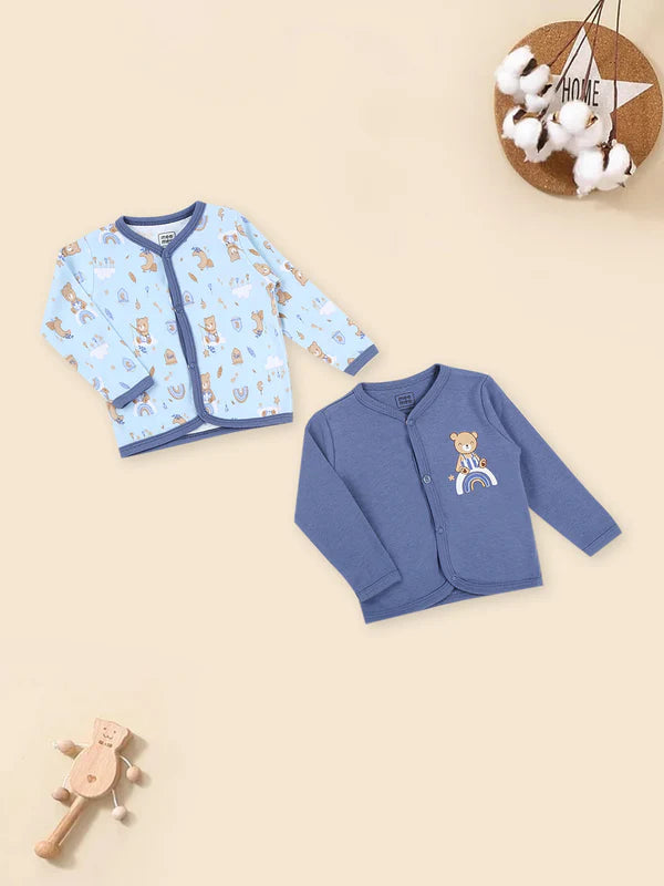 Mee Mee Cotton Jabala Value Pack – Soft Baby Cardigans, Blue & Off-White, Bear Print