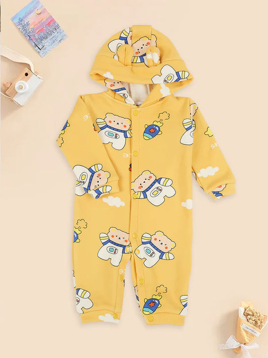 Bonded Unisex Yellow Printed Hooded Romper for Baby, 0-3M