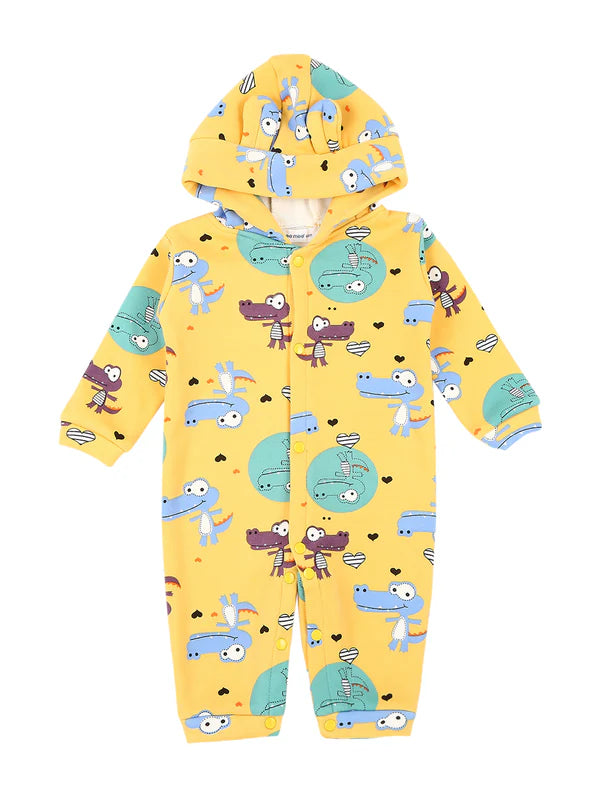 Mee Mee Yellow Cotton Romper with Playful Dinosaur Print & Cozy Hood