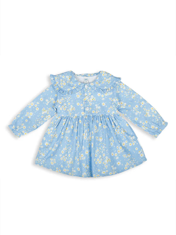 MEE MEE Blue Floral Cotton Dress – Adorable Frill Detail, Cute & Comfy for Any Occasion