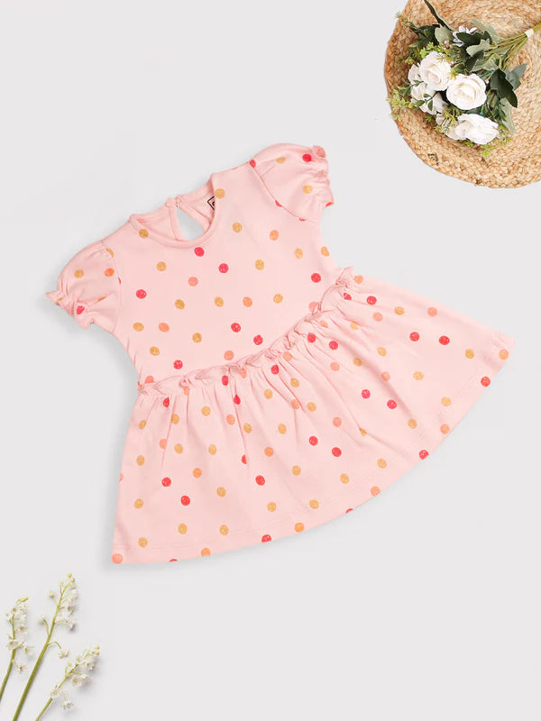 MEEMEE Delightful Pink Polka Dot Frock for Baby Girls - Cotton Dress with Orange Accents