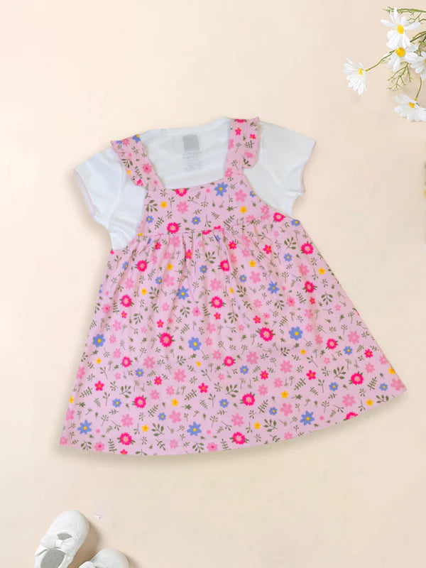 Mee Mee Cotton Pinafore Set – Light Pink Floral Printed Dress with White Top