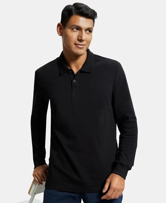 #AM96 Super Combed Cotton Rich Pique Fabric Solid Full Sleeve Polo T-Shirt with Ribbed Cuffs