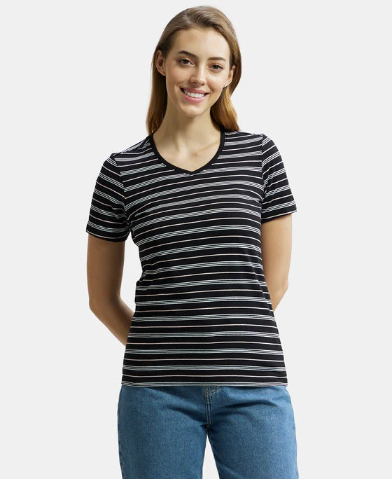 #AW22 Super Combed Cotton Elastane Stretch Regular Fit Yarn Dyed Striped V Neck Half Sleeve T-Shirt -
