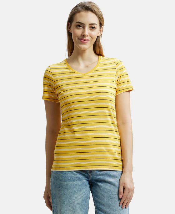 #AW22 Super Combed Cotton Elastane Stretch Regular Fit Yarn Dyed Striped V Neck Half Sleeve T-Shirt -