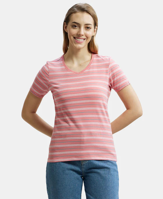 #AW22 Super Combed Cotton Elastane Stretch Regular Fit Yarn Dyed Striped V Neck Half Sleeve T-Shirt -