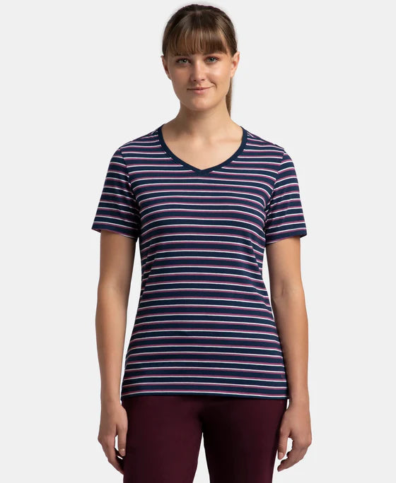 #AW22 Super Combed Cotton Elastane Stretch Regular Fit Yarn Dyed Striped V Neck Half Sleeve T-Shirt -