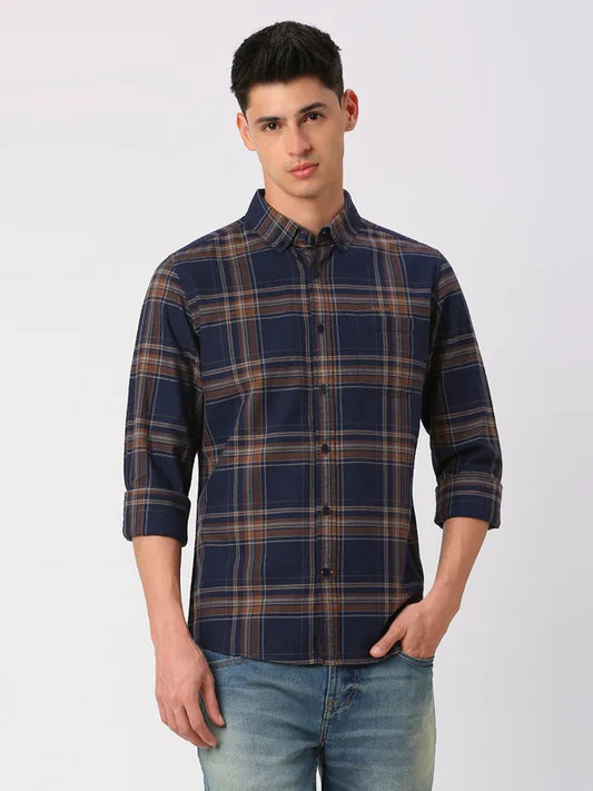 Being Human Clothing Men Slim Fit Shirts-Navy/Brown #BHMLS24129