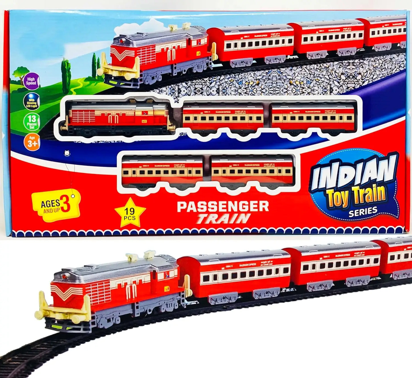 Indian Railways Passenger Toy Train Track Set for Kids with Front Glowing Light | Gift for Kids | Suitable Age 2+, 3+, 4+, 5+ Years