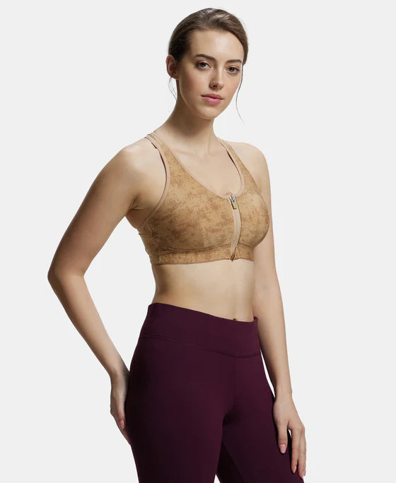 #MI02 Wirefree Padded Microfiber Elastane Stretch Full Coverage Racerback Sports Bra with Front Zipper Styling -