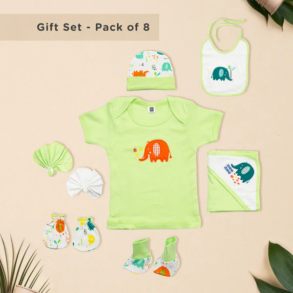 100% Cotton Material Printed Gift Set for New Born Babies (Set of 9 pieces, Green)
