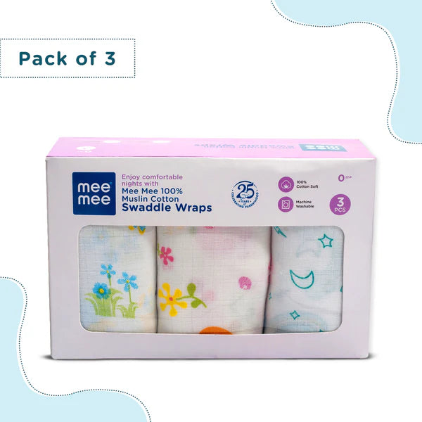 Mee Mee Baby Blankets, 100% Muslin Cotton Blanket for New-born Boy & Girl | Soft & Breathable Quilt | Cotton Wrapping Sheet | Multi-coloured Baby Wrapper | Light Weight, Compact & Portable | Pack of 3 | 150 Grams |