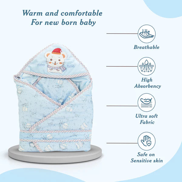 Baby Warm and Soft Swaddle Wrapper Hooded with Hood Double Layer for Newborn Babies (Blue)