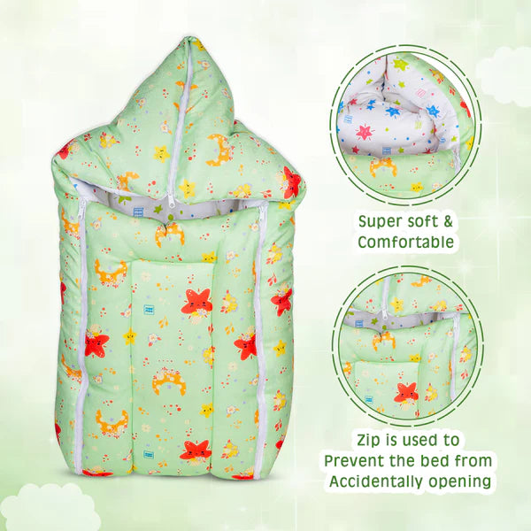 3 in 1 Baby Carry Nest with Sleeping Bag and Mattress for Newborn (Green) ( Star Print)