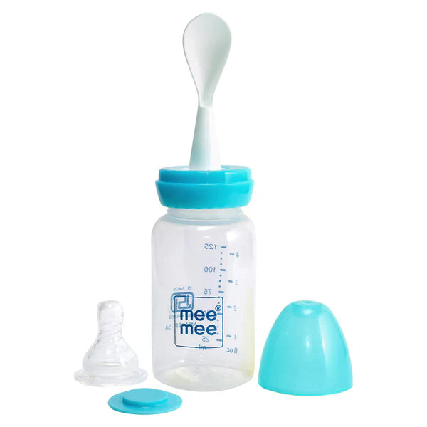 Mee Mee 125Ml 2 In 1 Baby Feeding Bottle With Spoon (Blue)