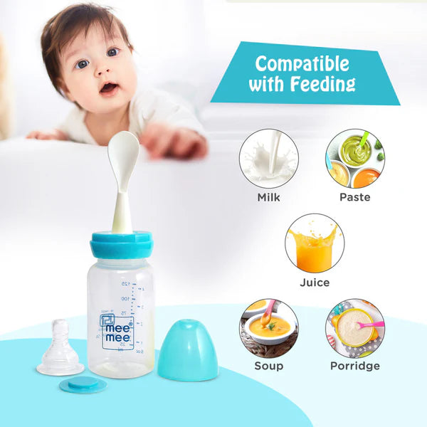 Mee Mee 125Ml 2 In 1 Baby Feeding Bottle With Spoon (Blue)
