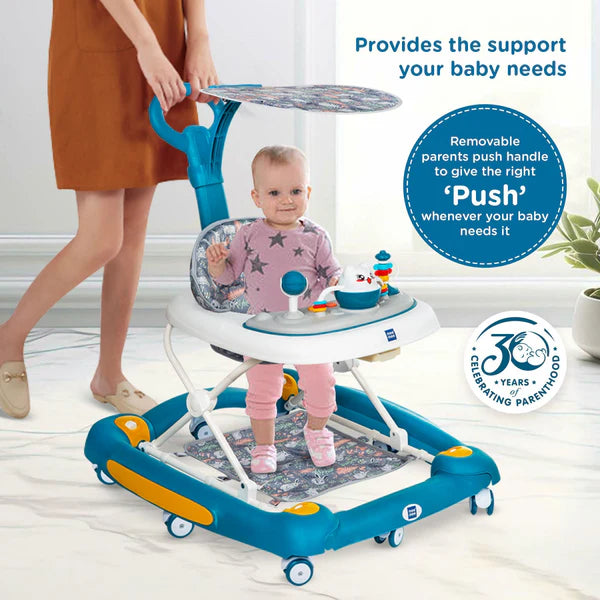 Mee Mee Baby 2 in 1 Walker & Rocker | 3 Level Adjustable Height, Light, Rattle & Musical Toys | Anti-Rollover Folding 360° Walker for Boys, Girls, Kids | Anti Fall, Anti Skid | 6-24 Months 15kg (Blue)