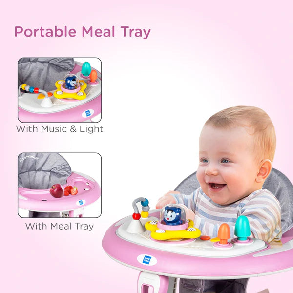 Mee Mee Baby Activity Walker for 6-18 Months | 7 Level Adjustable Height, 360° Wheels, Cushioned with Detachable Musical Toy Bar | Parental Push Handle, Anti-Rollover Folding Walker Upto 15kg (Pink)