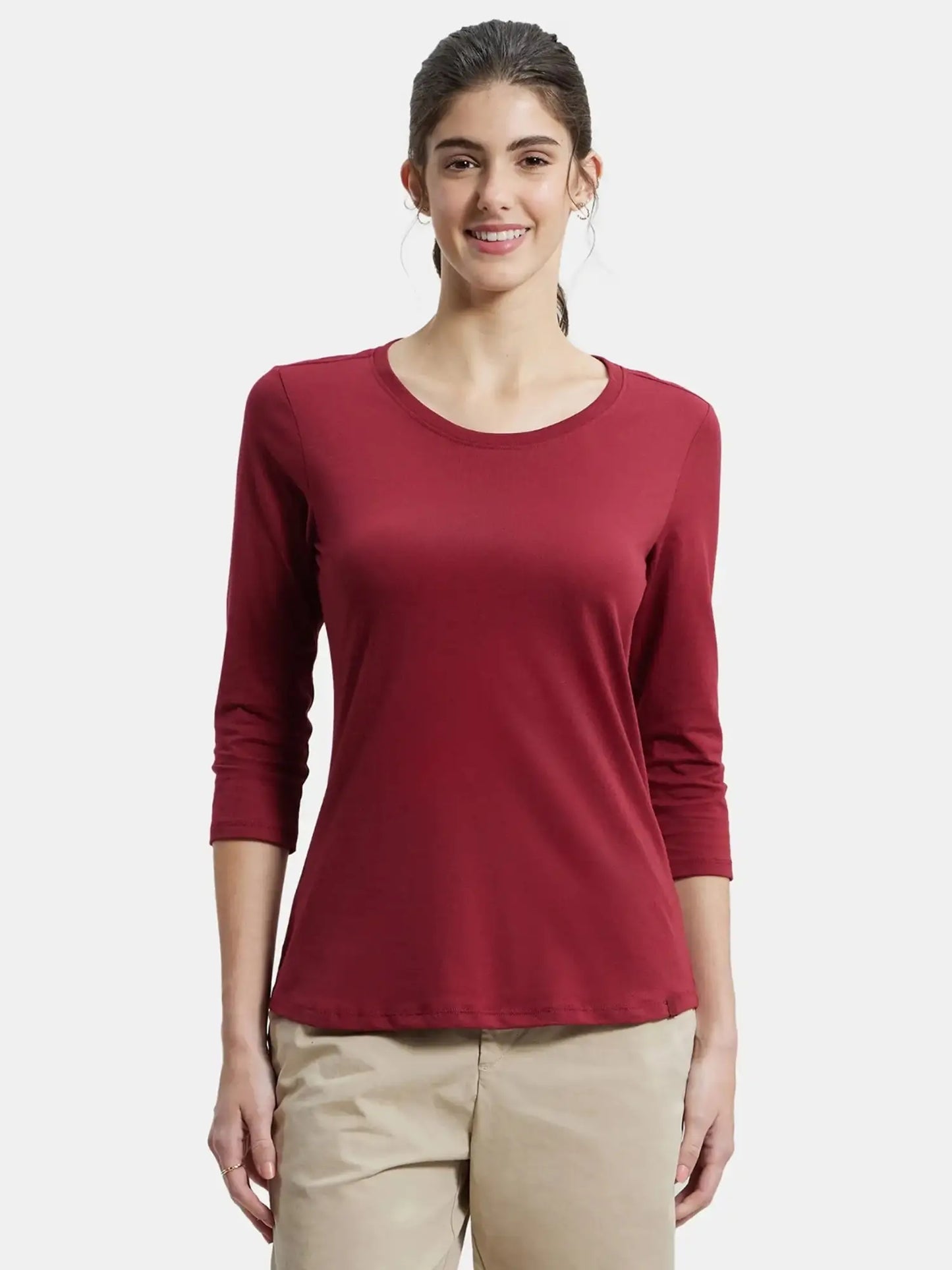 #A100 Super Combed Cotton Rich Relaxed Fit Solid Round Neck Three Quarter Sleeve T-Shir