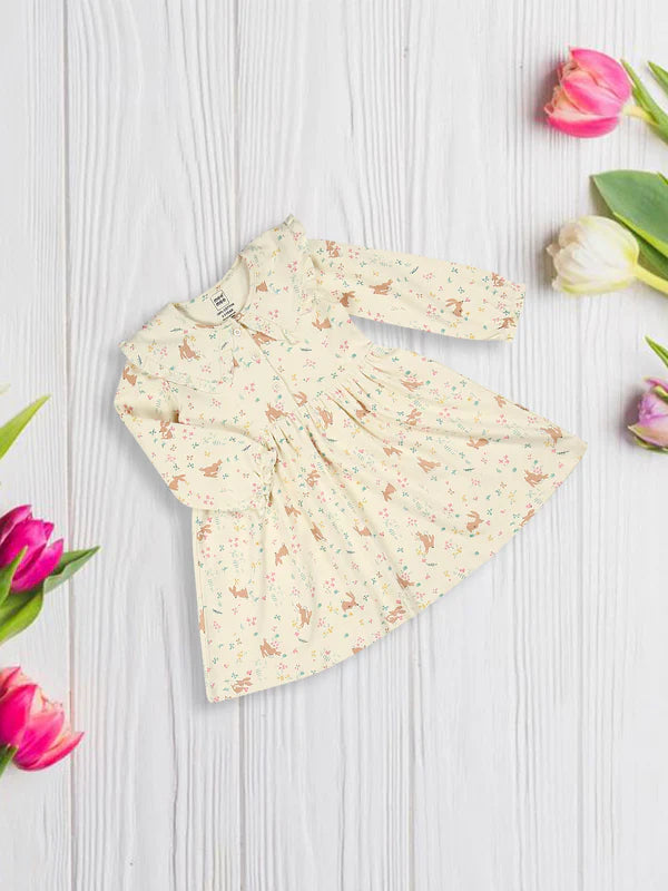 Long Sleeve Ruffled Dress with Bunny Print