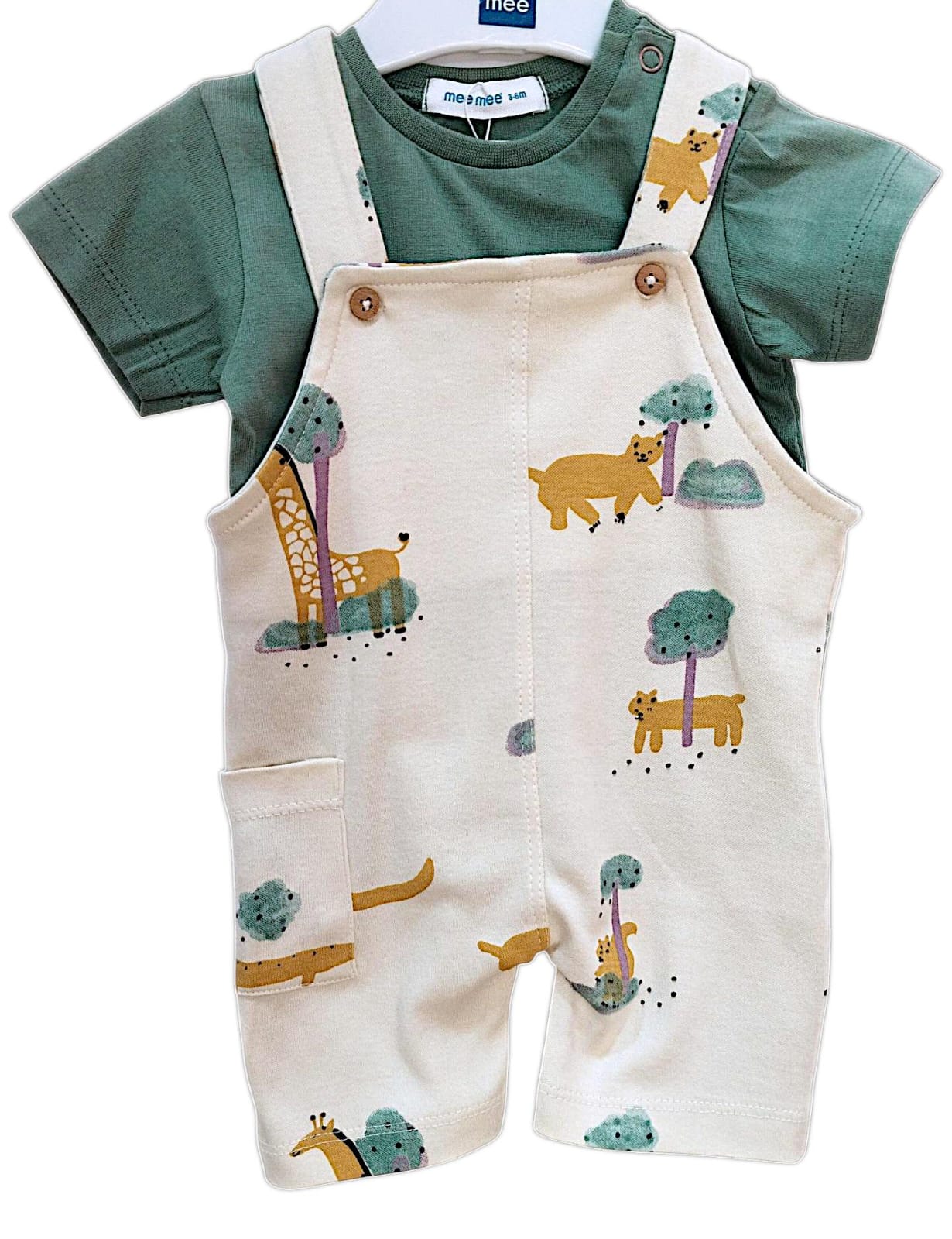 Mee Mee Cotton Navy Romper Set with Striped Dungaree & Dinosaur Appliqué for Babie