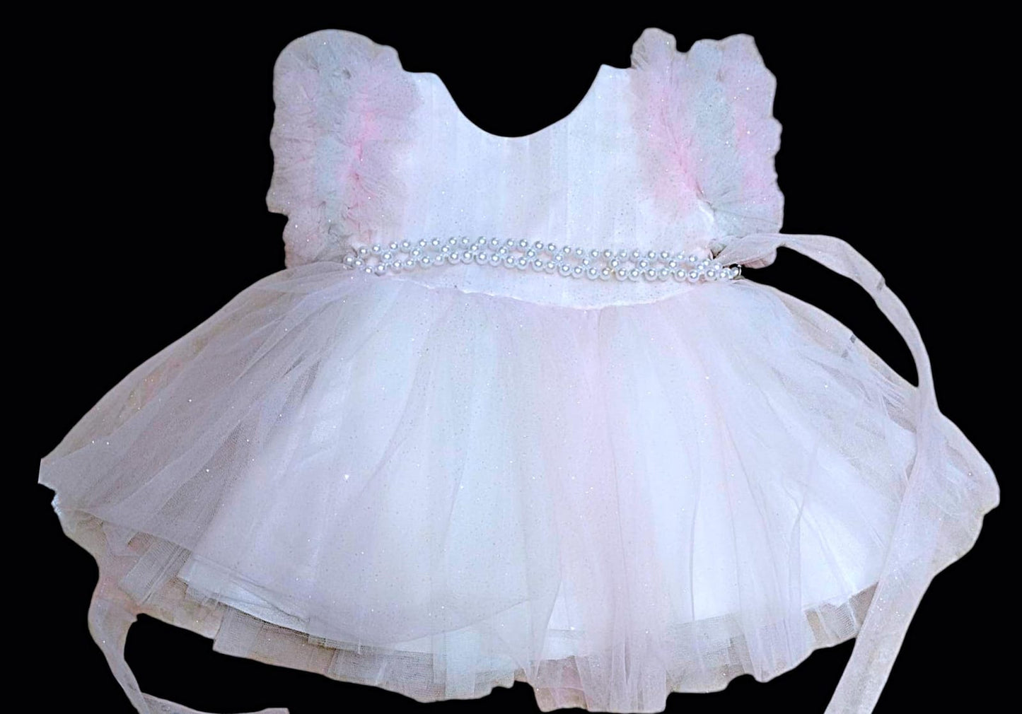 Mee Mee Baby Pink Satin Partywear Frock with Bow & Pearl Embellished Neckline