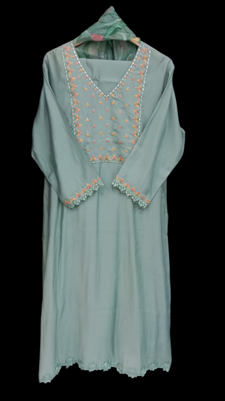 Green, print, Kurta with Trousers & Dupatta #KS-S25-SK0581