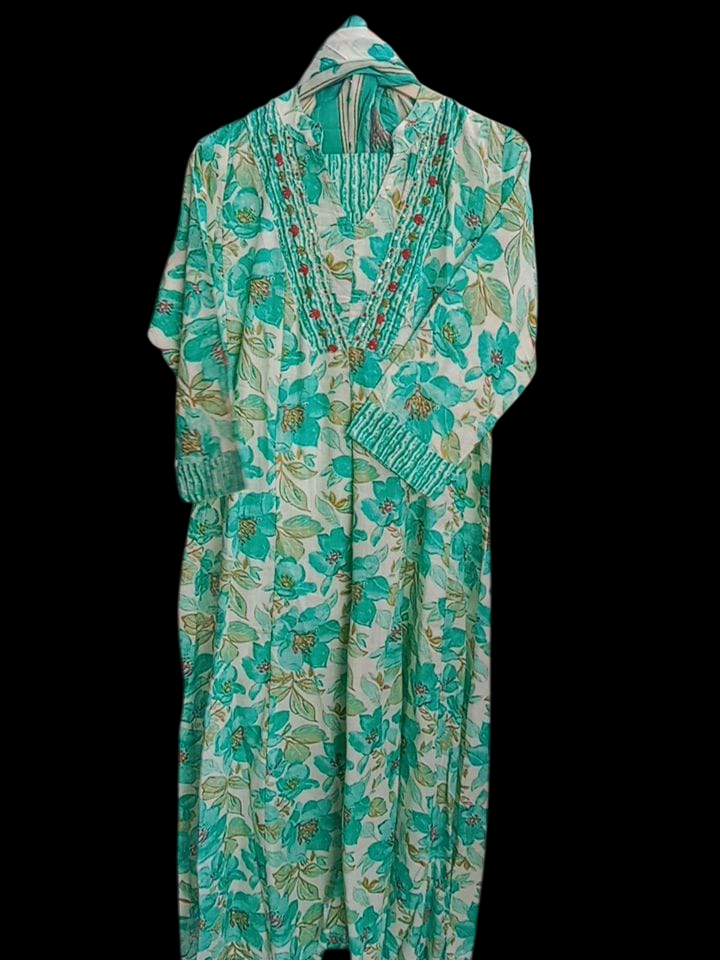 Green and White ,Embroidered Kurta with Trousers & Dupatta #KS-S25-SK-1354