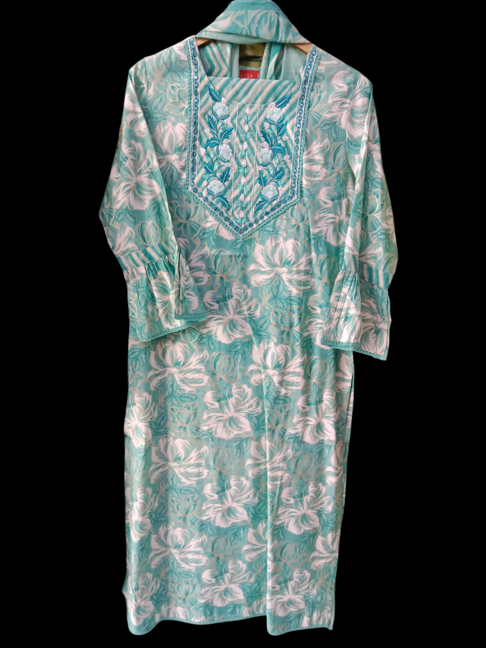 Green and White ,Embroidered Kurta with Trousers & Dupatta #KS-S25-SK-1293