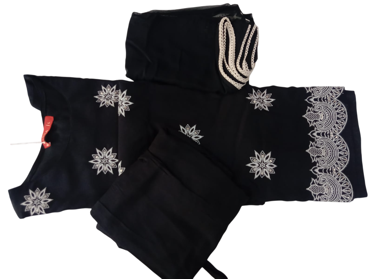 Black Kurta with Trousers & print Dupatta #K-S-24-SK-13-124