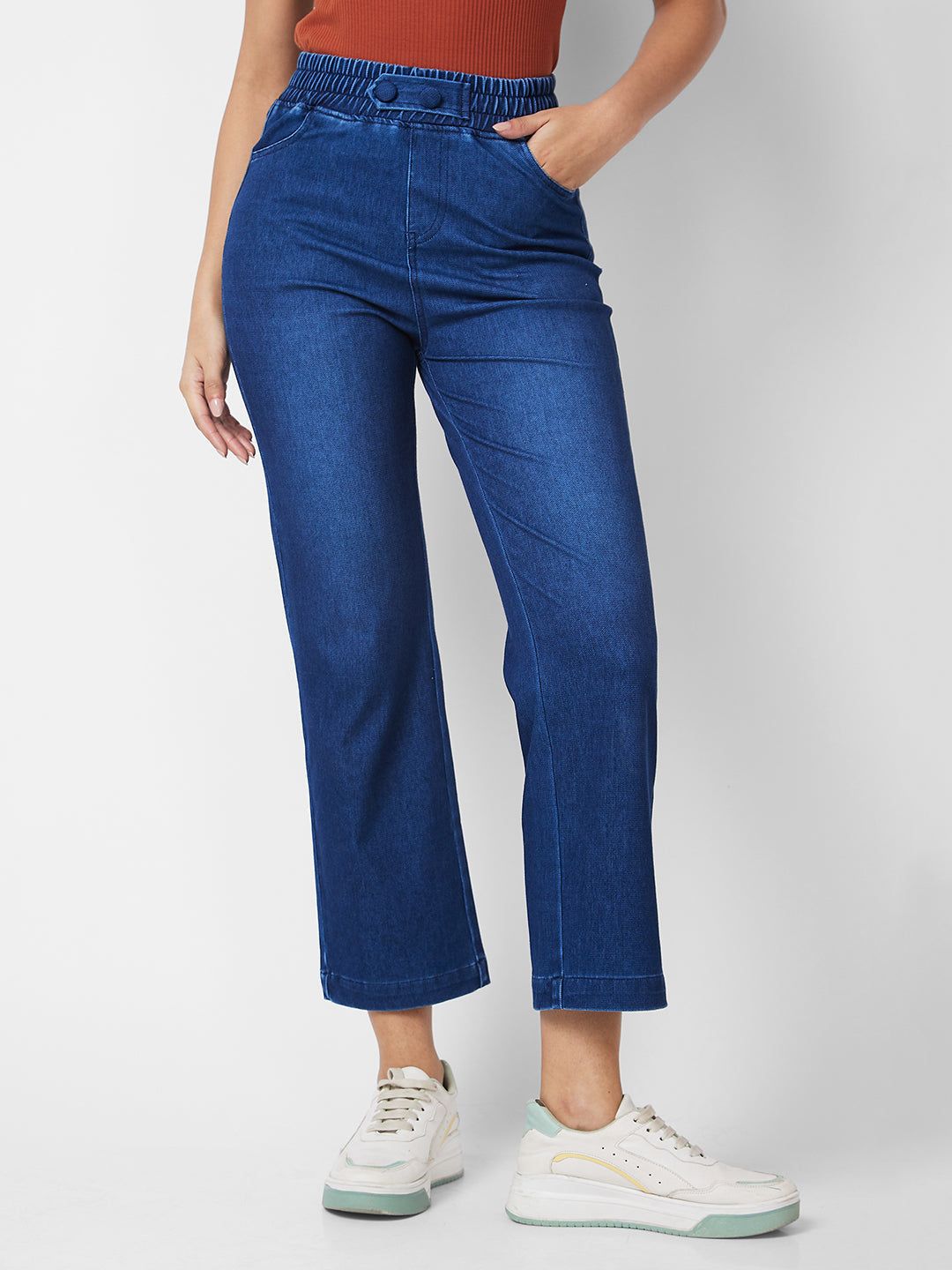 Spykar High Rise Wide Leg Blue Knits Pant For Women #WKTR1BD028